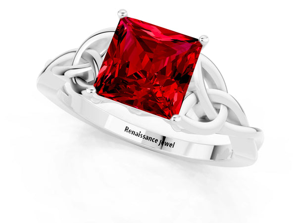 White gold Princess Cut Ruby Solitaire Engagement Ring with Celtic Knot Band and Four-Prong Setting