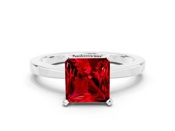 Silver Princess Cut Ruby Solitaire Engagement Ring with Classic Band and Four-Prong Setting