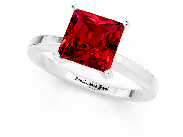 White gold Princess Cut Ruby Solitaire Engagement Ring with Classic Band and Four-Prong Setting