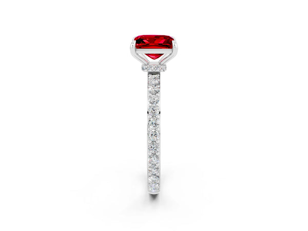 Platinum Princess Cut Ruby Solitaire Engagement Ring with Pavé Band and Four-Prong Setting