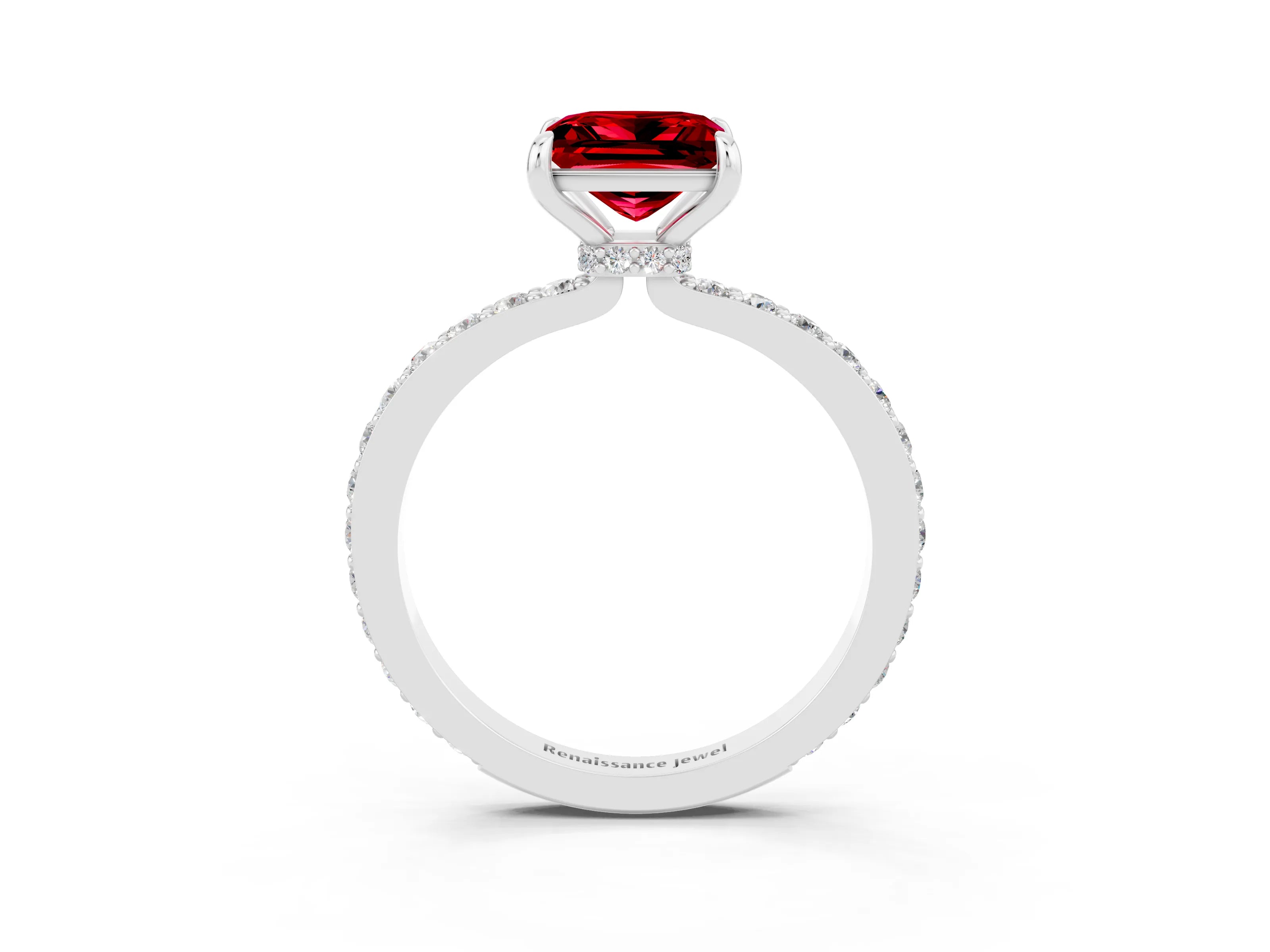 White gold Princess Cut Ruby Solitaire Engagement Ring with Pavé Band and Four-Prong Setting_3