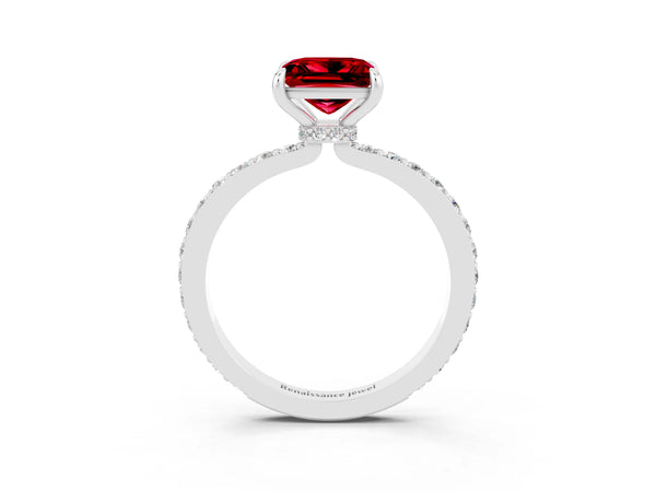 Platinum Princess Cut Ruby Solitaire Engagement Ring with Pavé Band and Four-Prong Setting