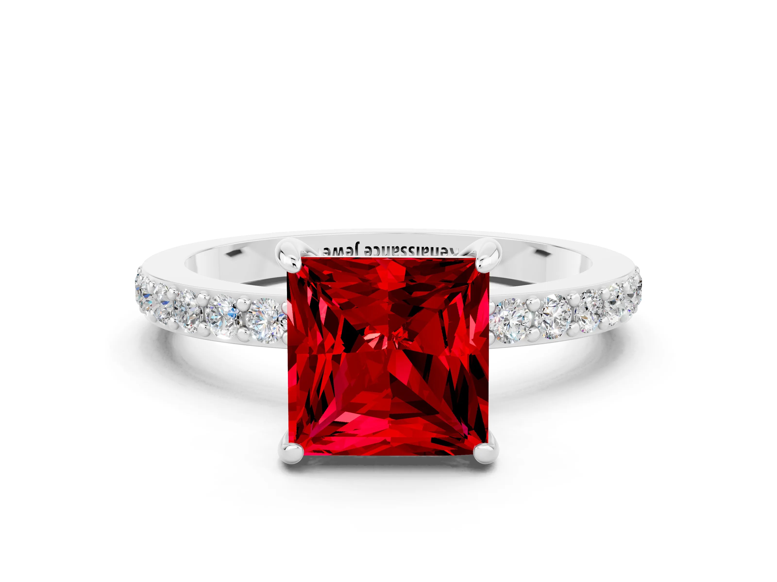 White gold Princess Cut Ruby Solitaire Engagement Ring with Pavé Band and Four-Prong Setting