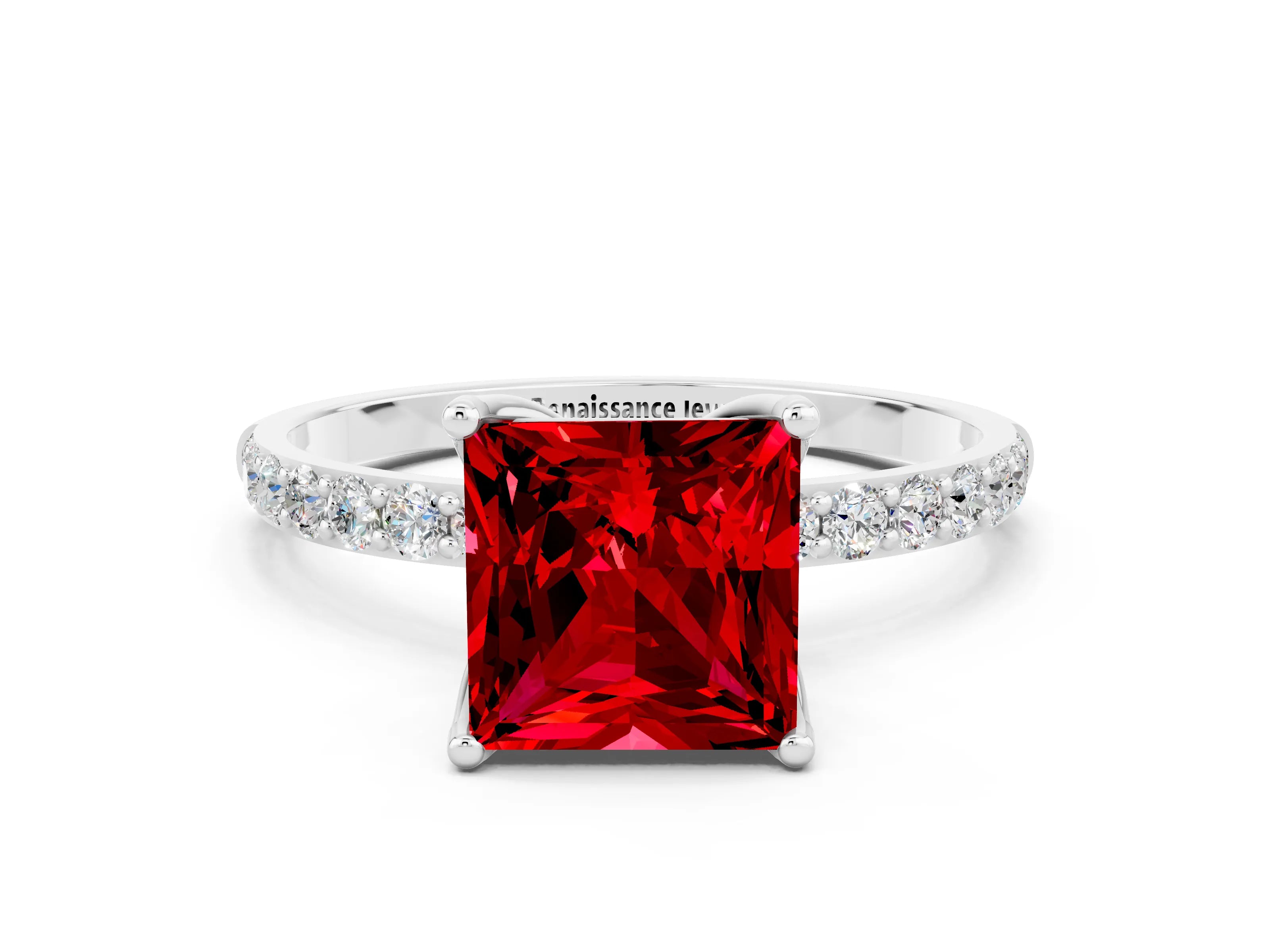 White gold Princess Cut Ruby Solitaire Engagement Ring with Pavé Band and Prong Setting