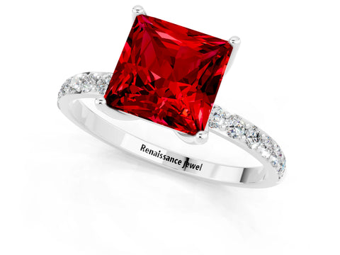White gold Princess Cut Ruby Solitaire Engagement Ring with Pavé Band and Prong Setting_1