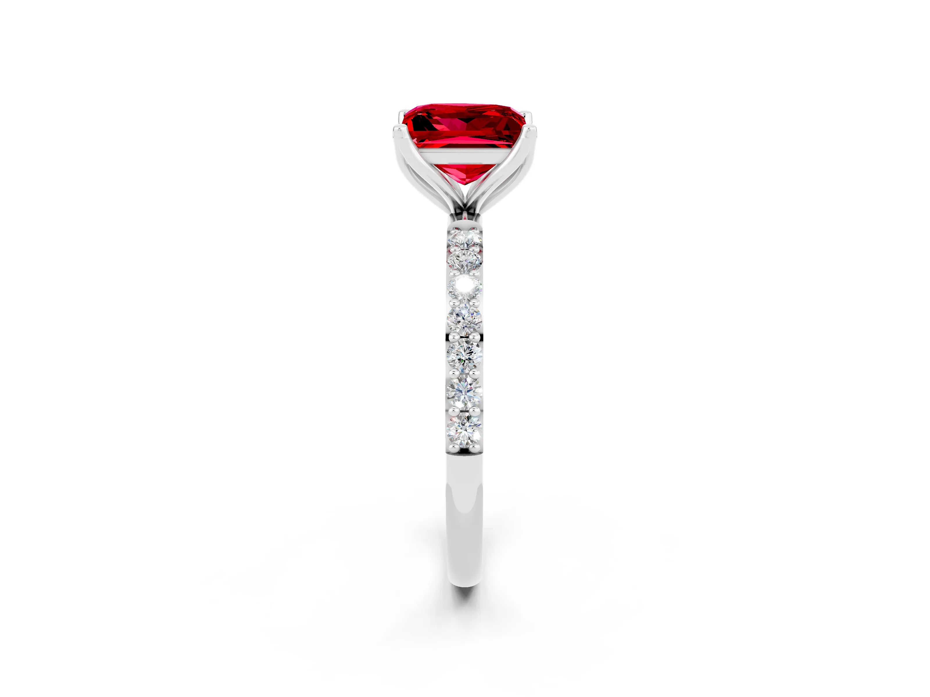White gold Princess Cut Ruby Solitaire Engagement Ring with Pavé Band and Prong Setting_2