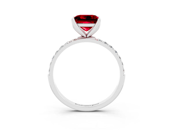 White gold Princess Cut Ruby Solitaire Engagement Ring with Round  Pavé Band and Prong Setting