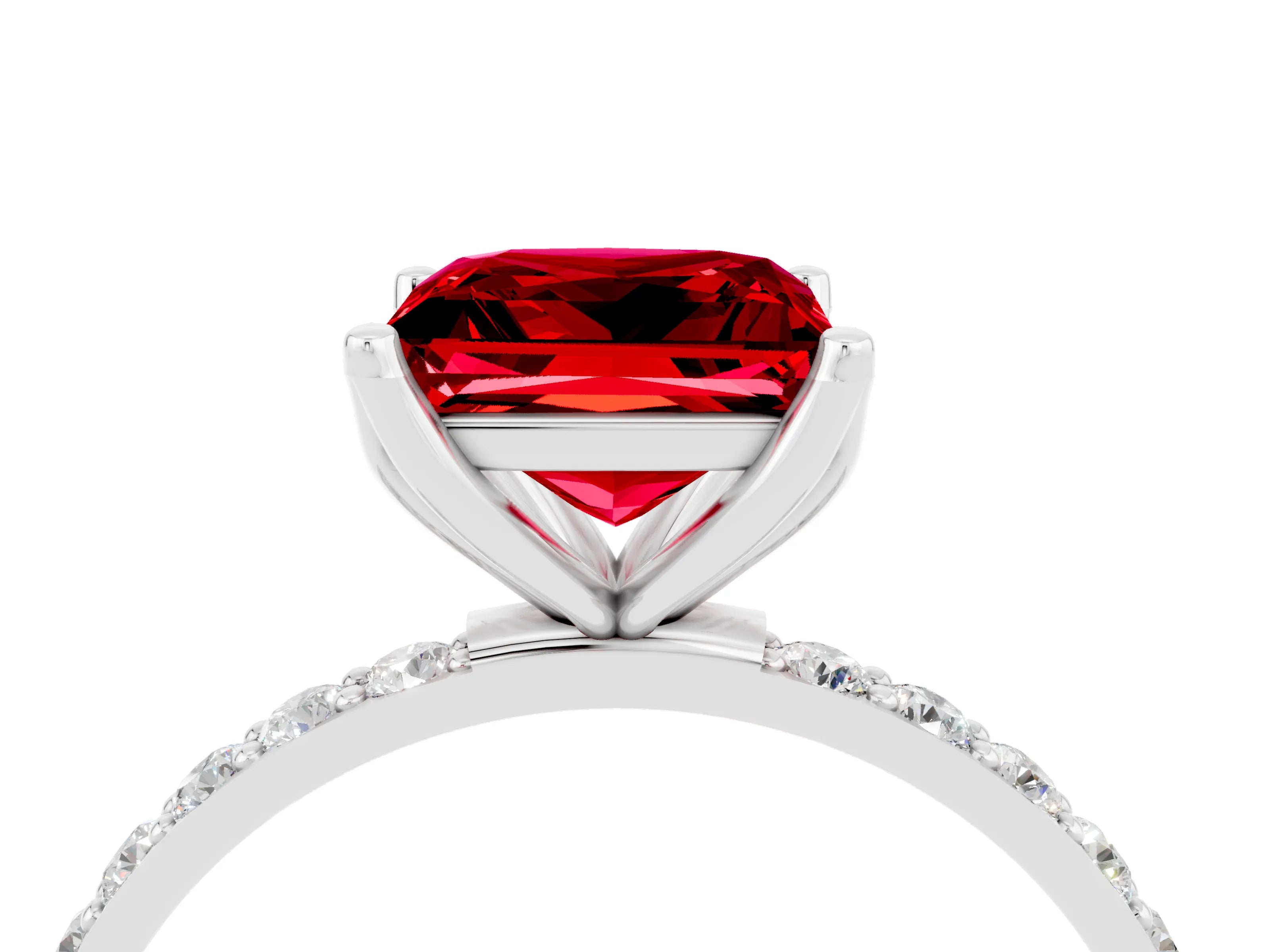 White gold Princess Cut Ruby Solitaire Engagement Ring with Pavé Band and Prong Setting_4