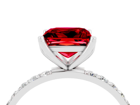 White gold Princess Cut Ruby Solitaire Engagement Ring with Pavé Band and Prong Setting_4