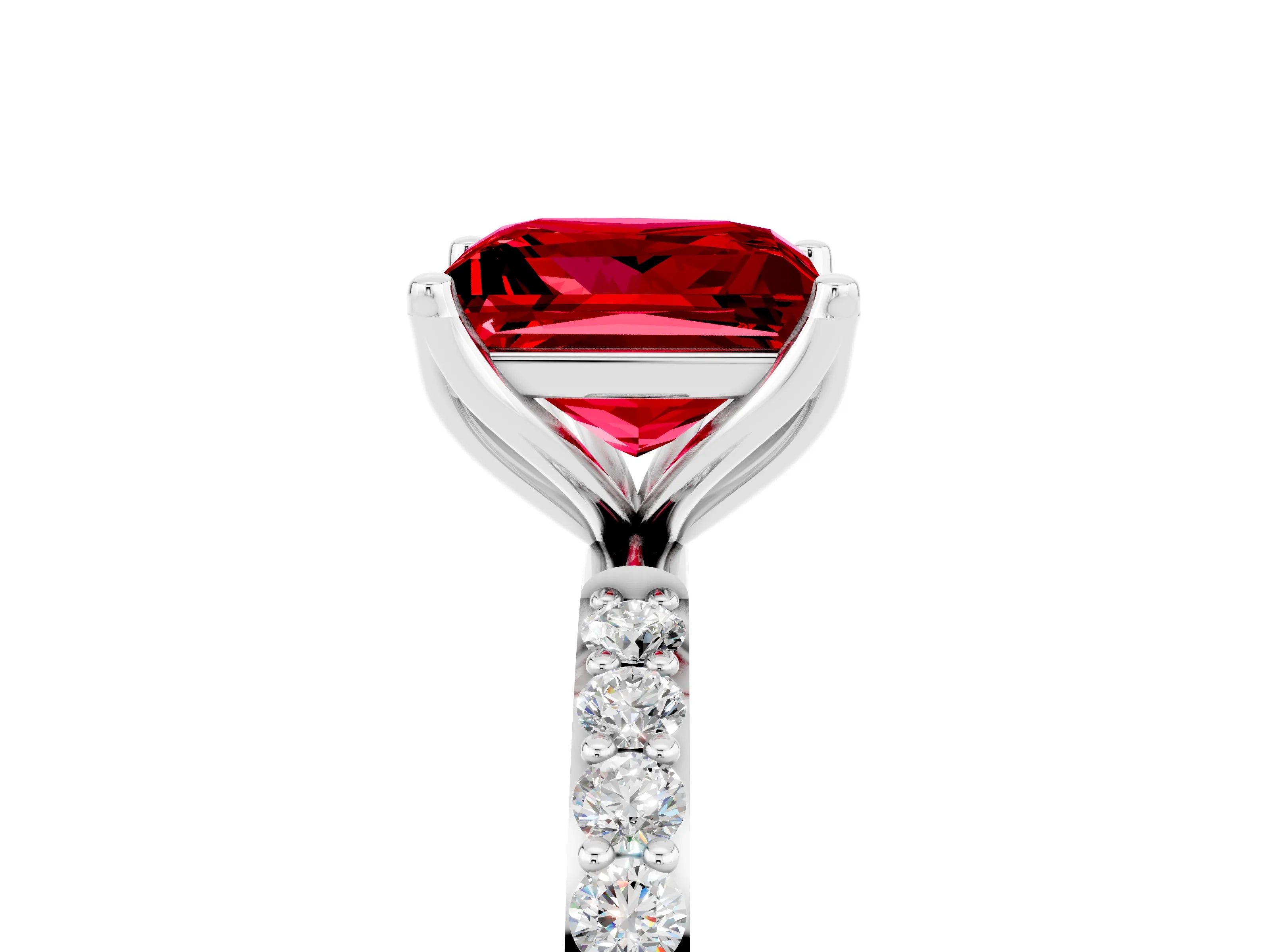 White gold Princess Cut Ruby Solitaire Engagement Ring with Pavé Band and Prong Setting_5