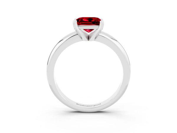 White gold Princess Cut Ruby Solitaire Engagement Ring with Round Band and Four-Prong Setting