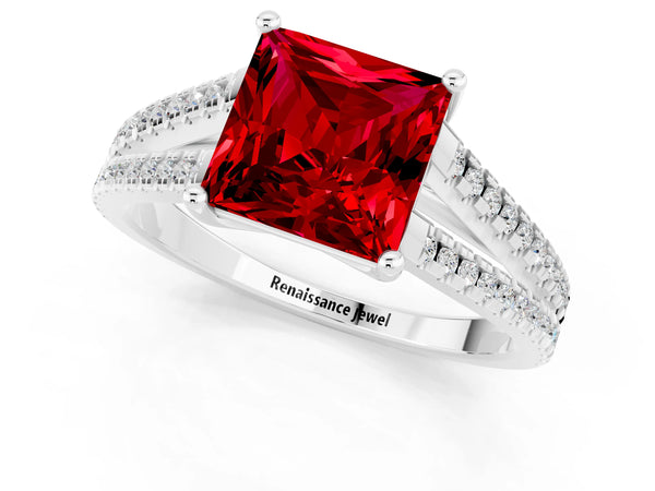 Platinum Princess Cut Ruby Solitaire Engagement Ring with Split Shank Pavé Band