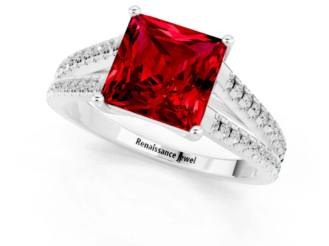 White gold Princess Cut Ruby Solitaire Engagement Ring with Split Shank Pavé Band_1