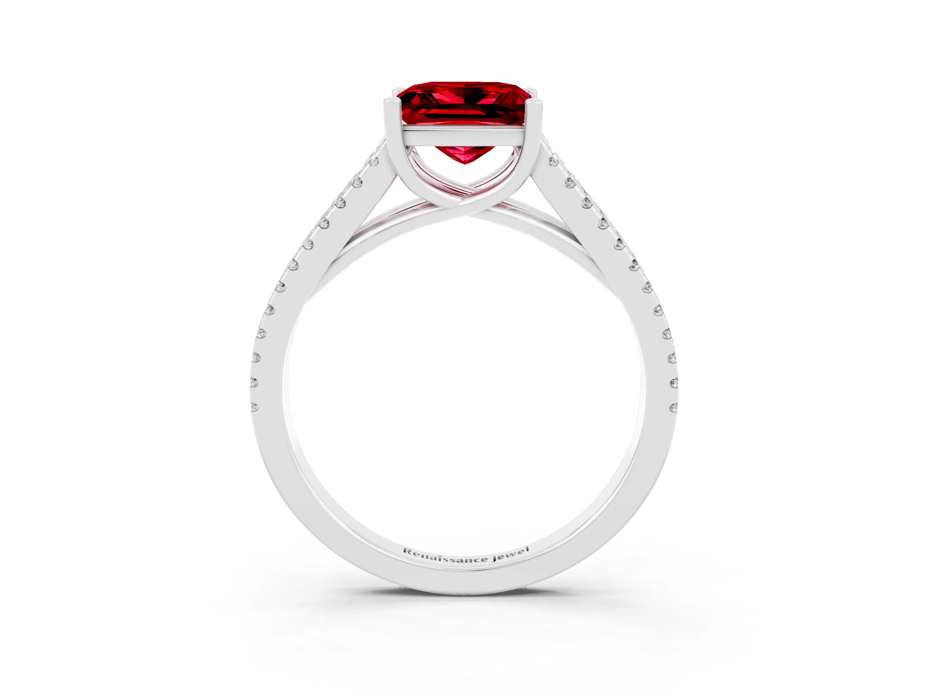 White gold Princess Cut Ruby Solitaire Engagement Ring with Split Shank Pavé Band_3
