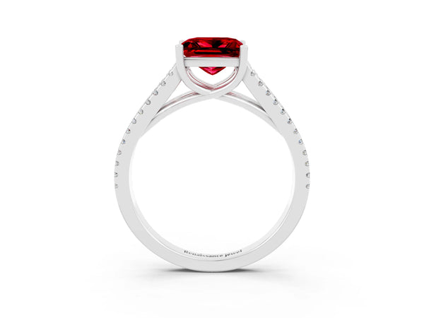 Silver Princess Cut Ruby Solitaire Engagement Ring with Split Shank Pavé Band