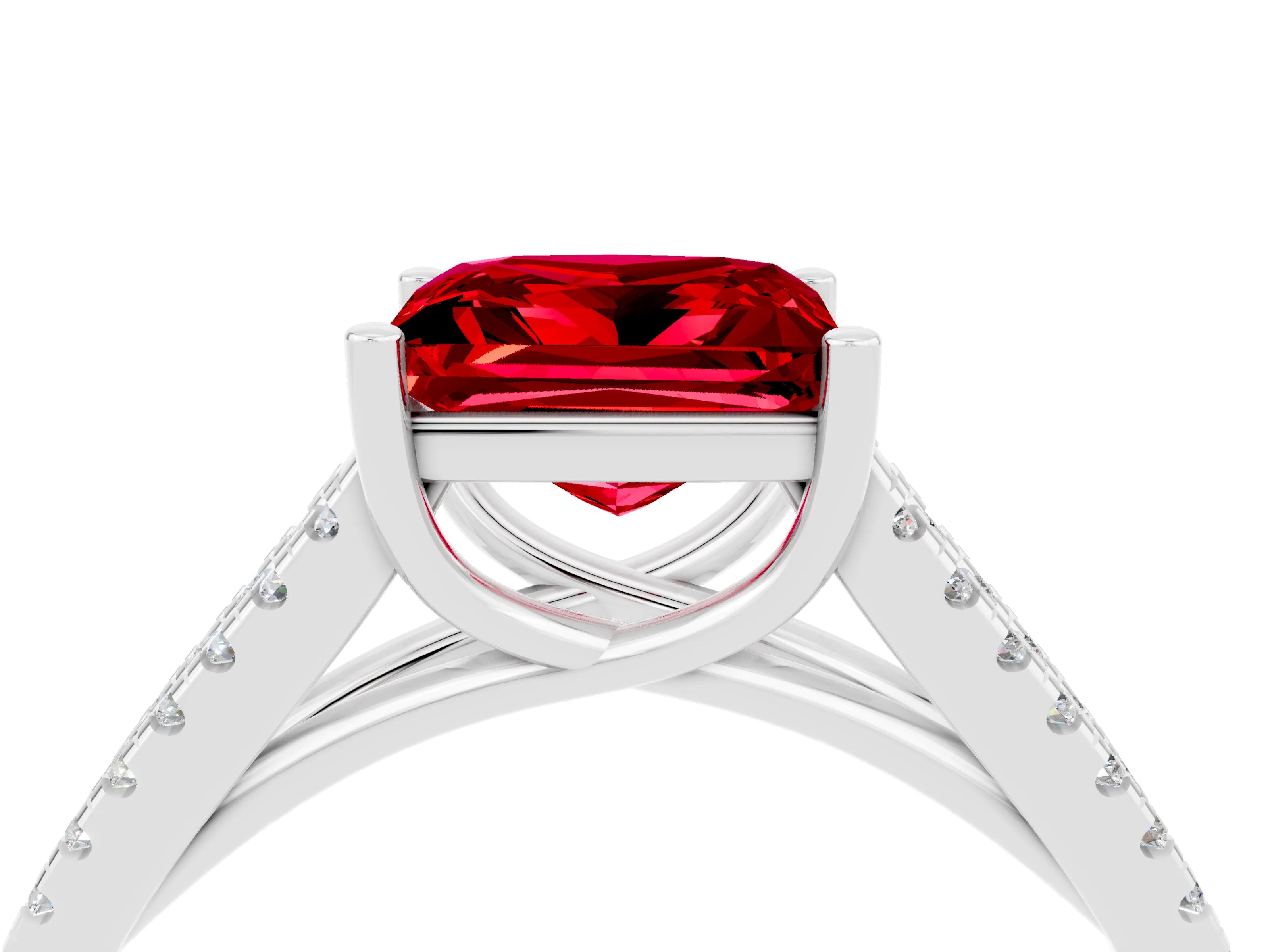 White gold Princess Cut Ruby Solitaire Engagement Ring with Split Shank Pavé Band_4