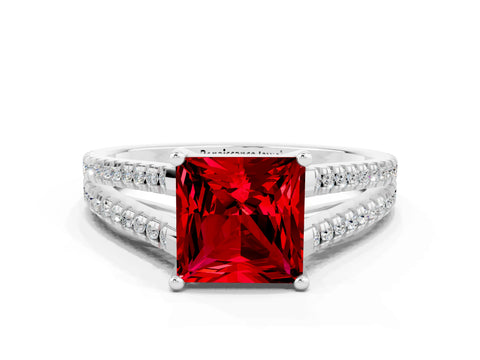 White gold Princess Cut Ruby Solitaire Engagement Ring with Split Shank Pavé Band