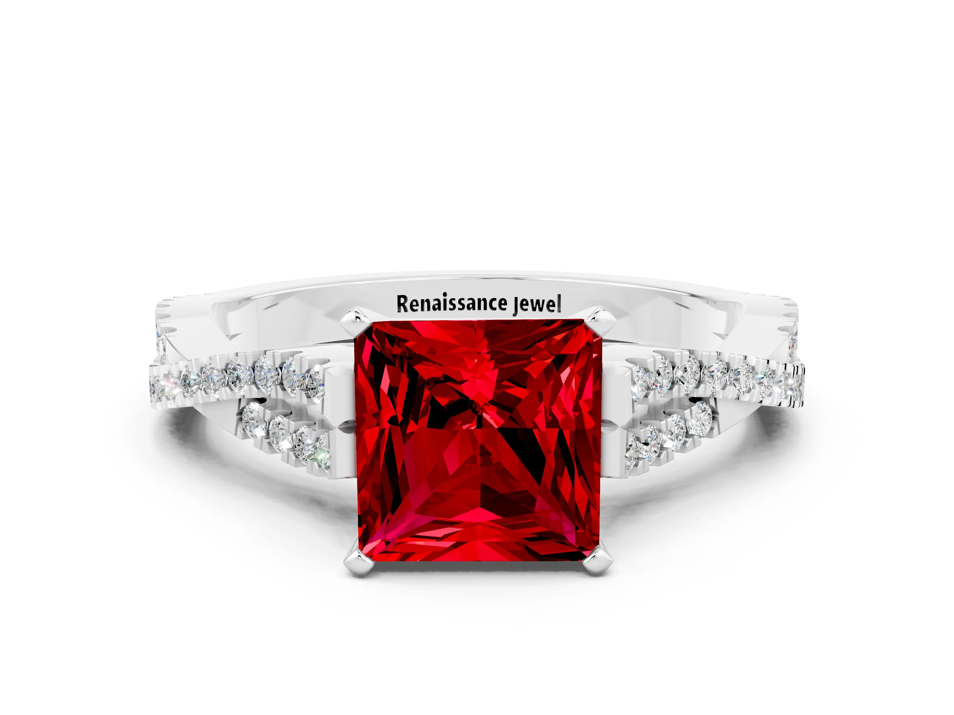 White gold Princess Cut Ruby Solitaire Engagement Ring with Twisted Pavé Band and Four-Prong Setting_12