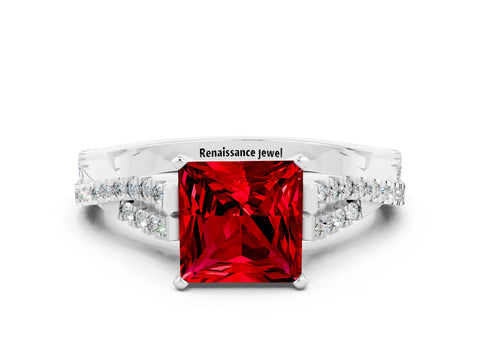 White gold Princess Cut Ruby Solitaire Engagement Ring with Twisted Pavé Band and Four-Prong Setting_12