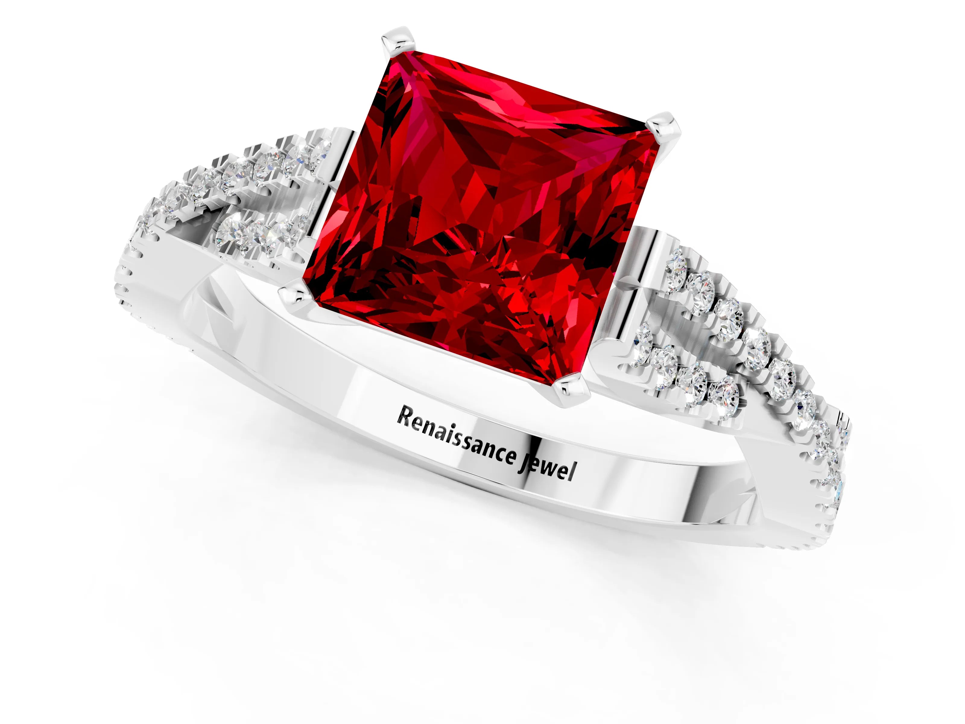 White gold Princess Cut Ruby Solitaire Engagement Ring with Twisted Pavé Band and Four-Prong Setting_13
