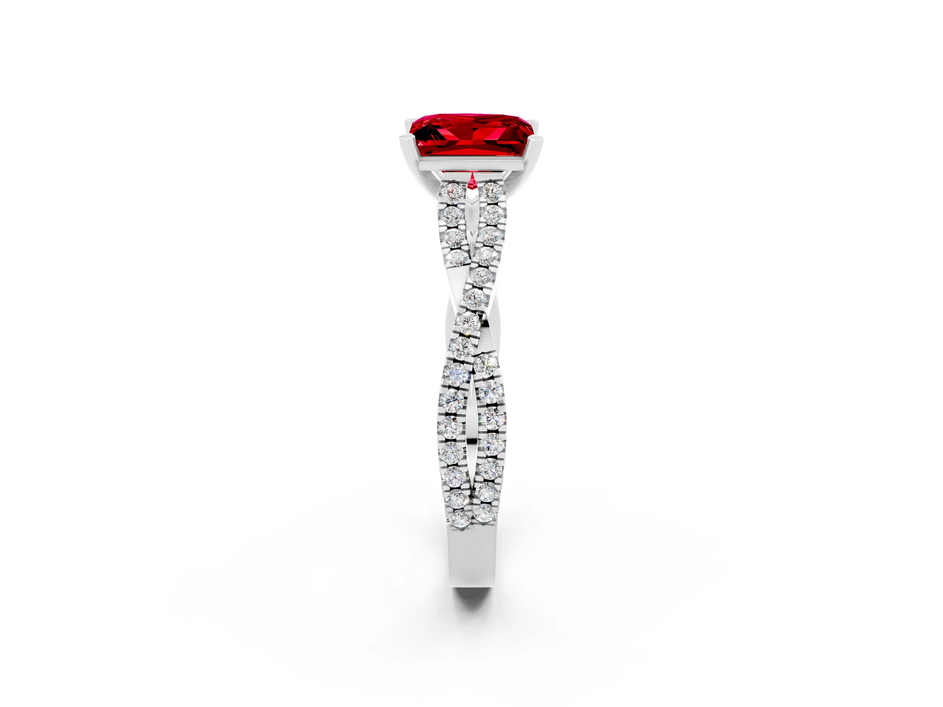 White gold Princess Cut Ruby Solitaire Engagement Ring with Twisted Pavé Band and Four-Prong Setting_14