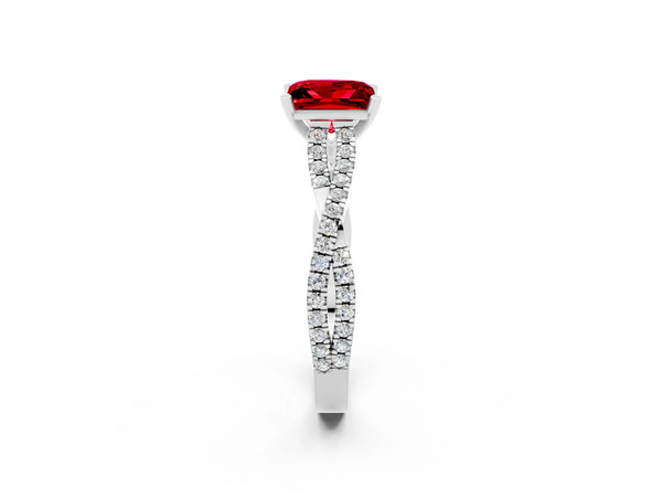 Silver Princess Cut Ruby Solitaire Engagement Ring with Twisted Pavé Band and Four-Prong Setting