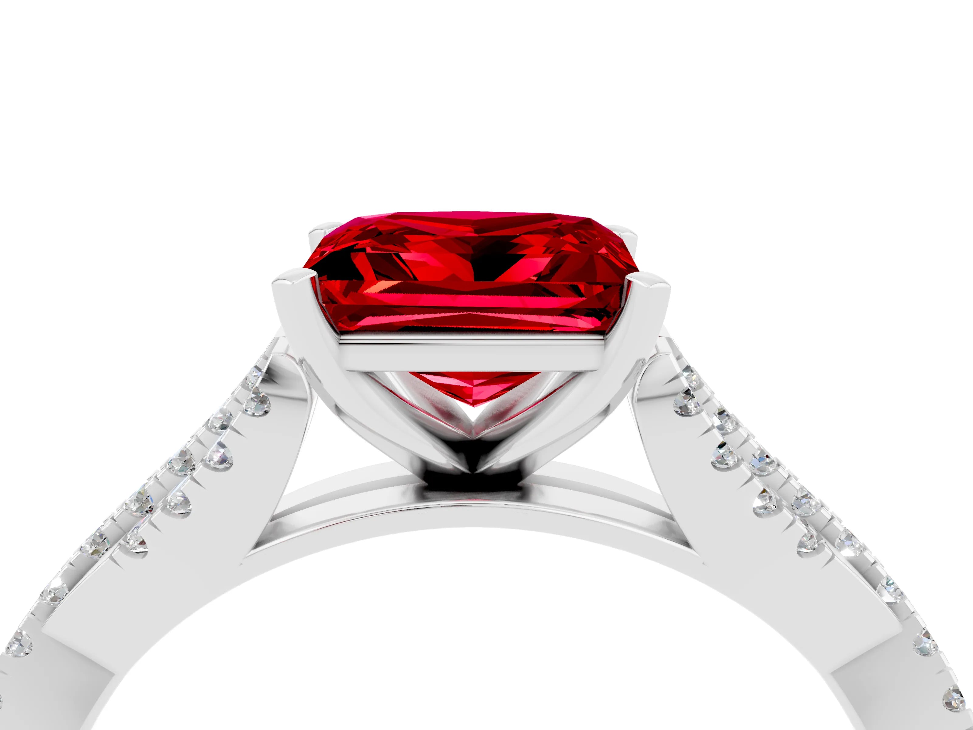 White gold Princess Cut Ruby Solitaire Engagement Ring with Twisted Pavé Band and Four-Prong Setting_16