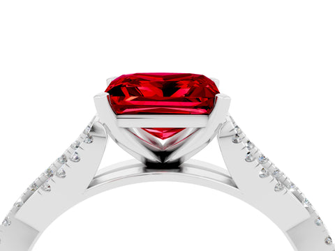 White gold Princess Cut Ruby Solitaire Engagement Ring with Twisted Pavé Band and Four-Prong Setting_16