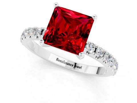 White gold Princess Cut Ruby Solitaire Pavé Band with Four-Prong Setting_1