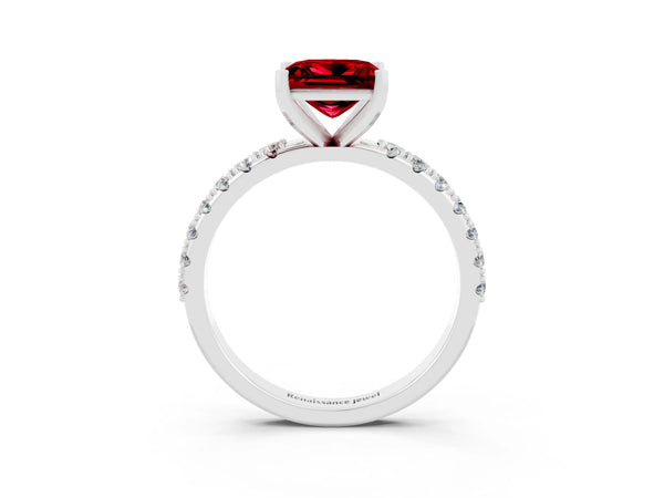 Platinum Princess Cut Ruby Solitaire Pavé Band with Four-Prong Setting