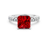White gold Princess Cut Ruby Solitaire Pavé Engagement Ring with Round Band and Prong Setting_13