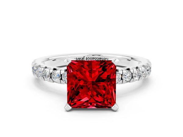 White gold Princess Cut Ruby Solitaire Pavé Engagement Ring with Round Band and Prong Setting