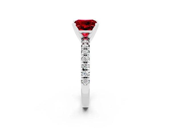 White gold Princess Cut Ruby Solitaire Pavé Engagement Ring with Round Band and Prong Setting