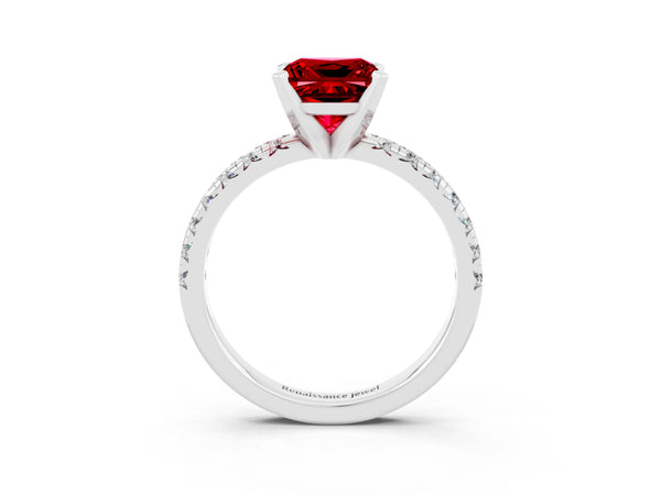 White gold Princess Cut Ruby Solitaire Pavé Engagement Ring with Round Band and Prong Setting
