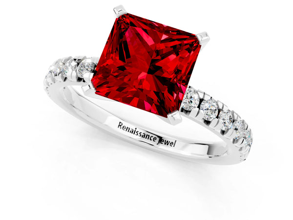 Platinum Princess Cut Ruby Solitaire Pavé Engagement Ring with Round Band and Prong Setting