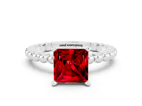 White gold Princess Cut Ruby Solitaire Ring with Beaded Band and Prong Setting_12