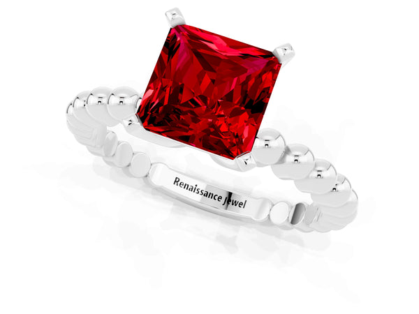White gold Princess Cut Ruby Solitaire Ring with Beaded Band and Prong Setting