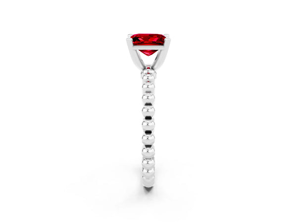 White gold Princess Cut Ruby Solitaire Ring with Beaded Band and Prong Setting