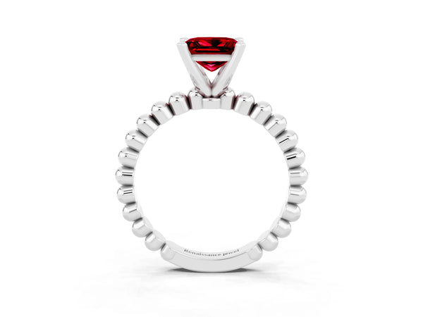 White gold Princess Cut Ruby Solitaire Ring with Beaded Band and Prong Setting