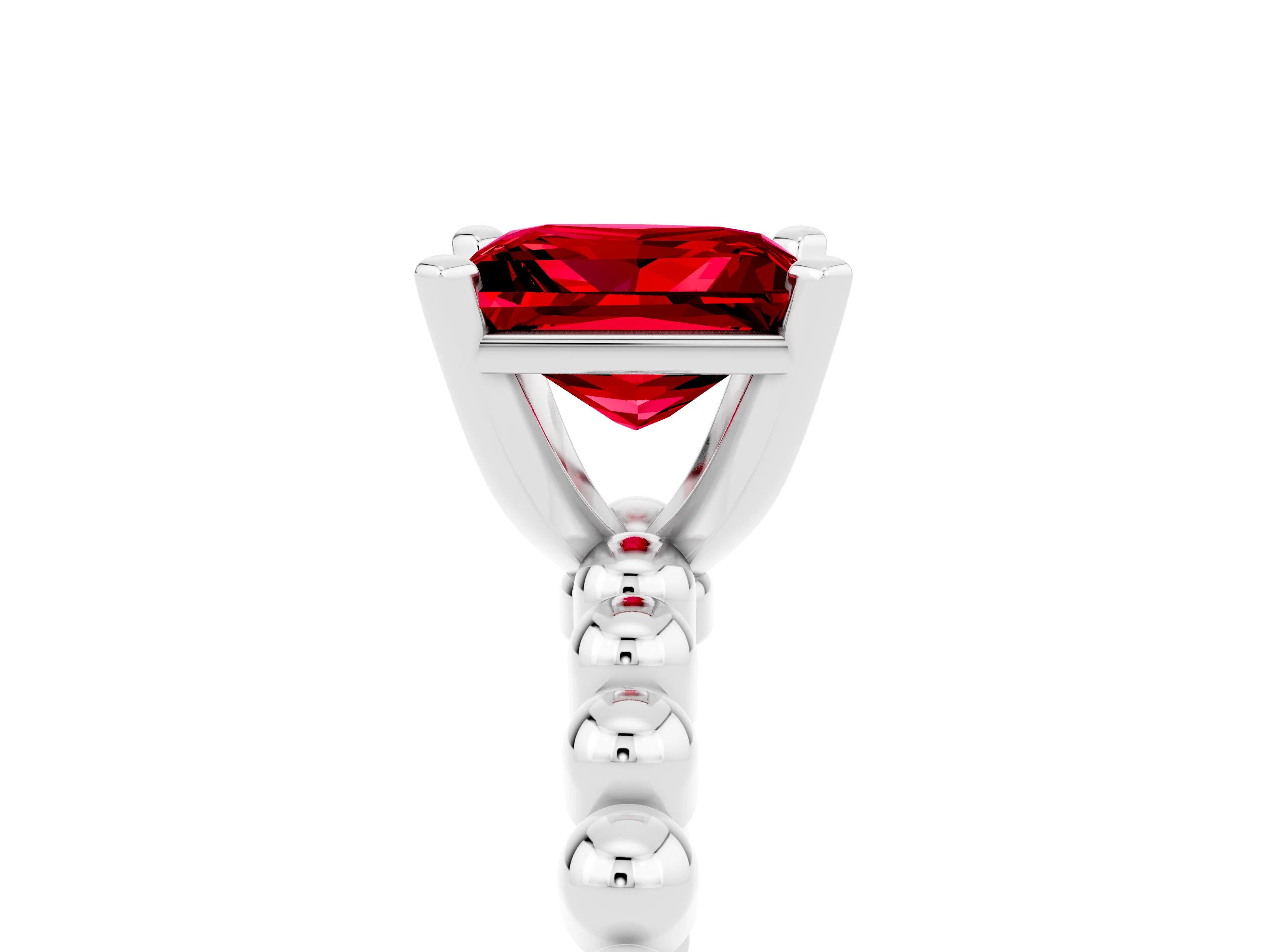 White gold Princess Cut Ruby Solitaire Ring with Beaded Band and Prong Setting_17