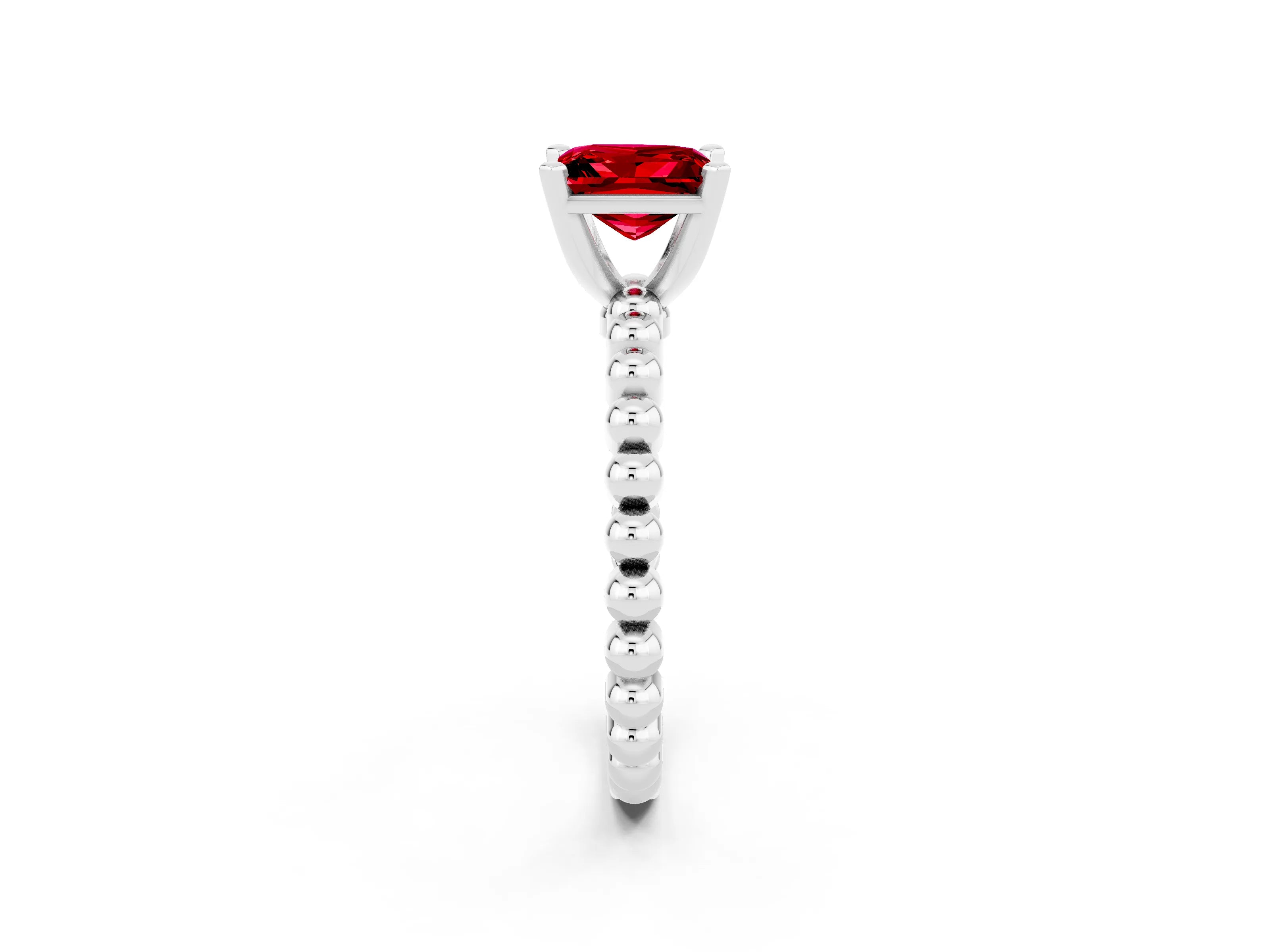 White gold Princess Cut Ruby Solitaire Ring with Beaded Band and Prong Setting_2