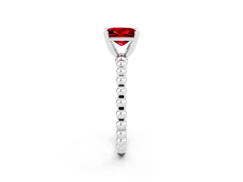White gold Princess Cut Ruby Solitaire Ring with Beaded Band and Prong Setting_2