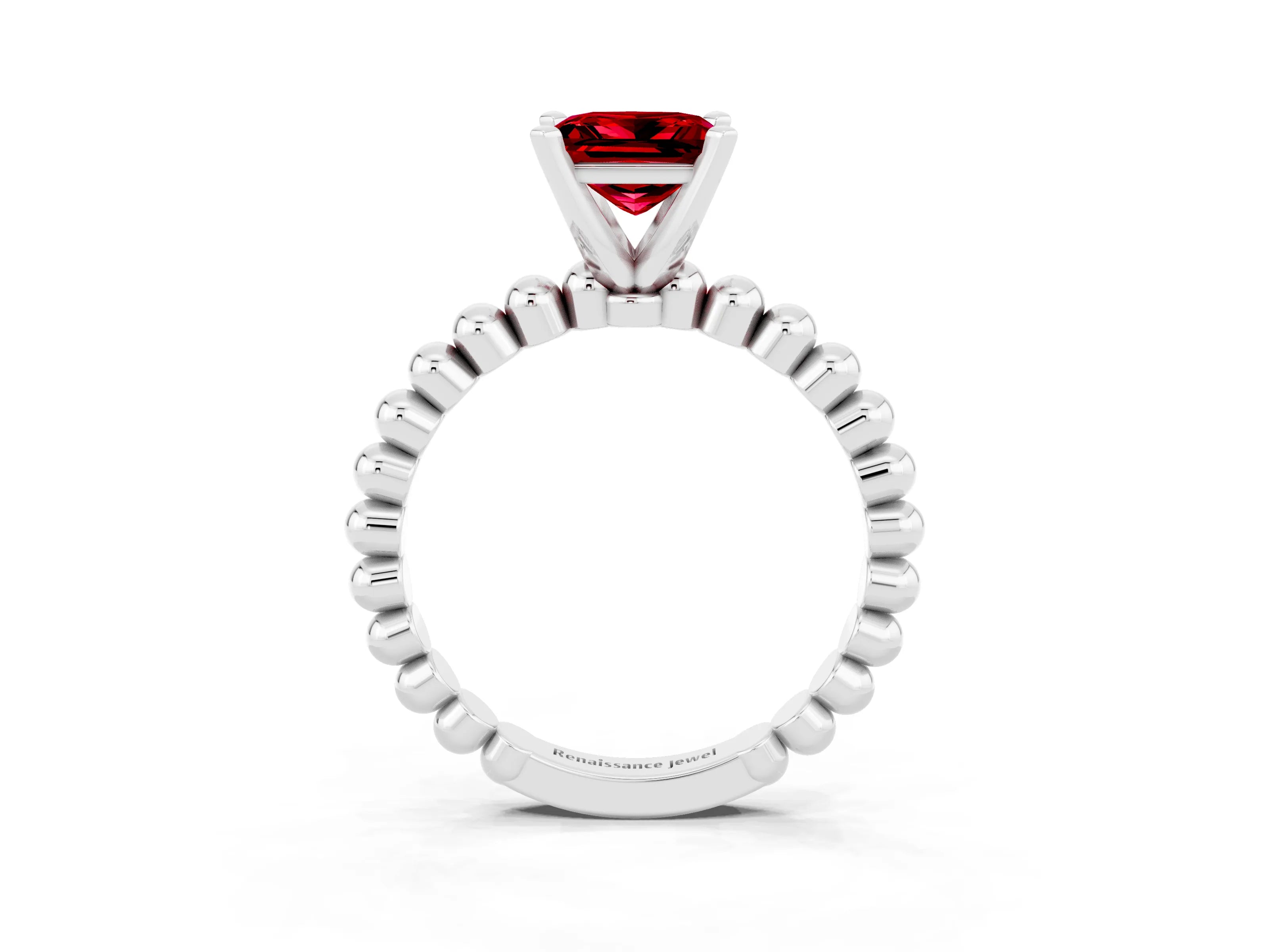 White gold Princess Cut Ruby Solitaire Ring with Beaded Band and Prong Setting_3