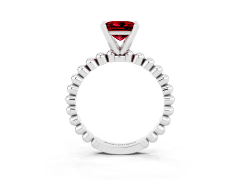 White gold Princess Cut Ruby Solitaire Ring with Beaded Band and Prong Setting_3