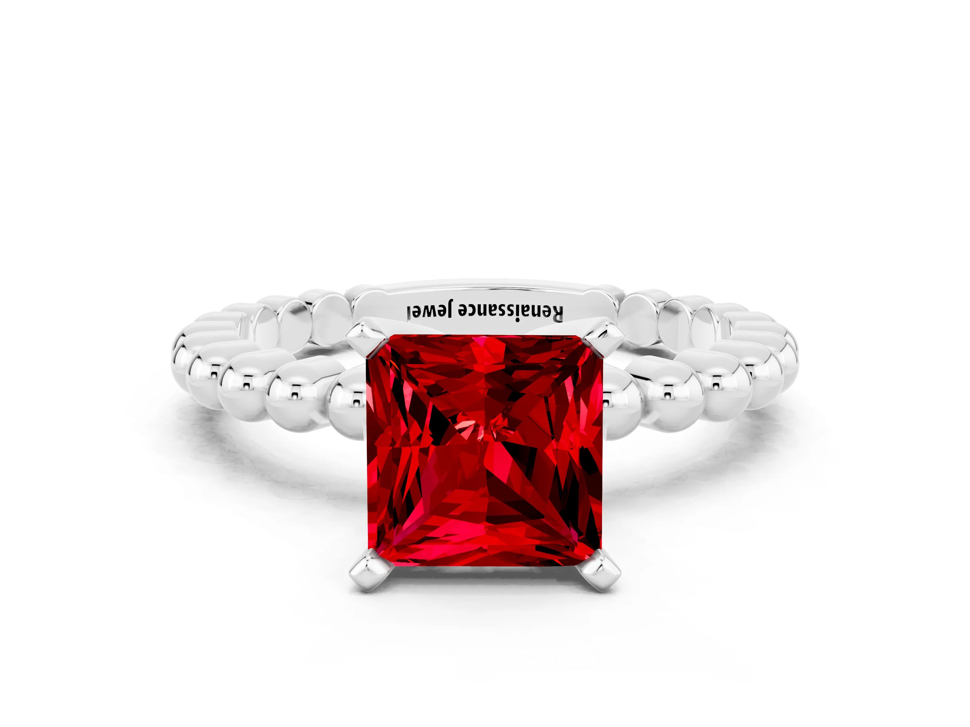 White gold Princess Cut Ruby Solitaire Ring with Beaded Band and Prong Setting
