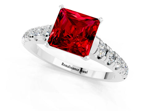 White gold Princess Cut Ruby Solitaire Ring with Cathedral Setting and Pavé Band_1