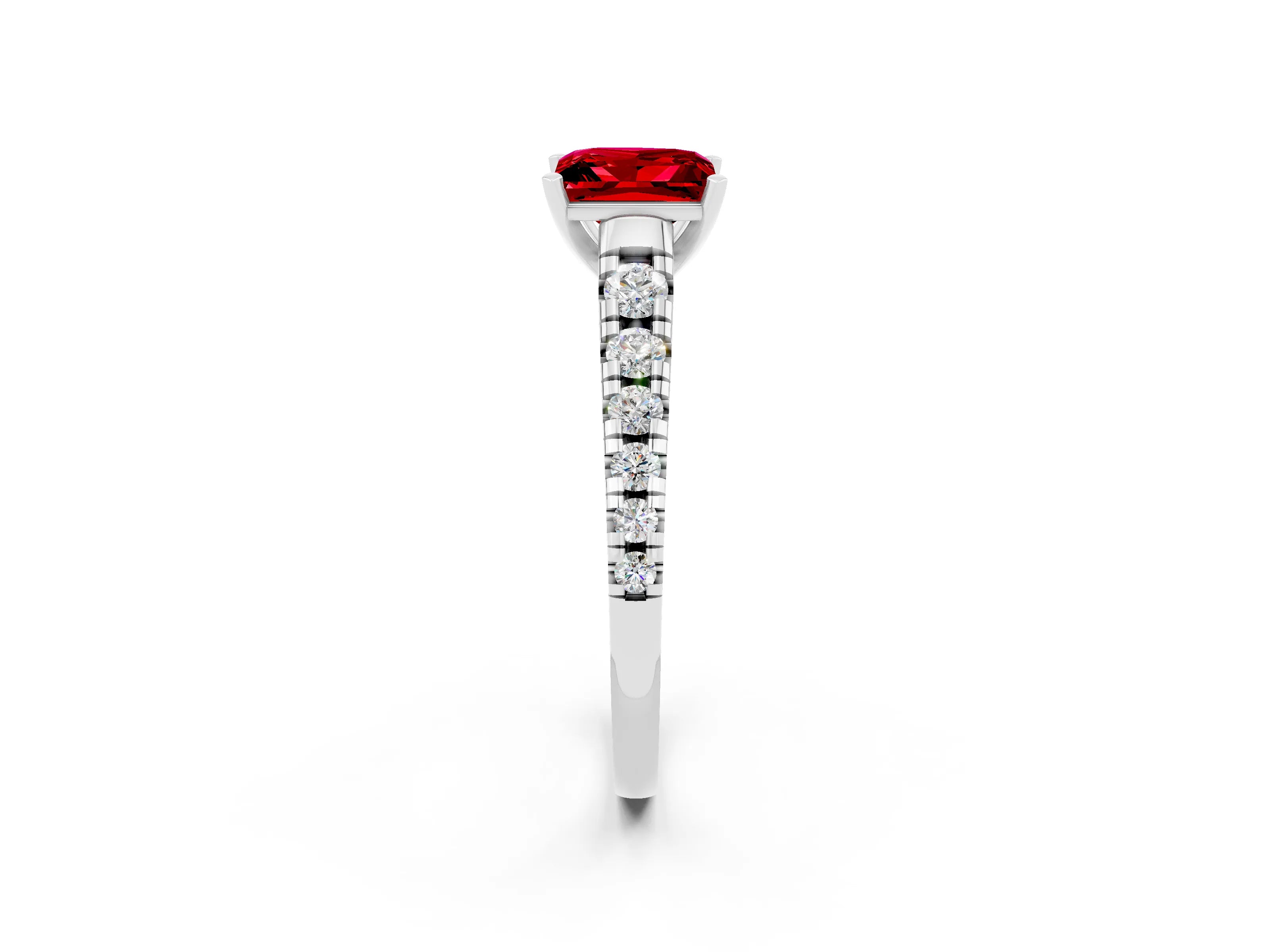 White gold Princess Cut Ruby Solitaire Ring with Cathedral Setting and Pavé Band_2