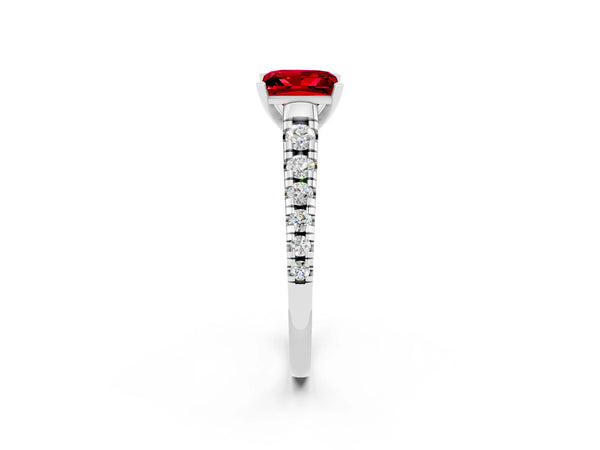 Silver Princess Cut Ruby Cathedral Solitaire Ring with Round  Pavé Band