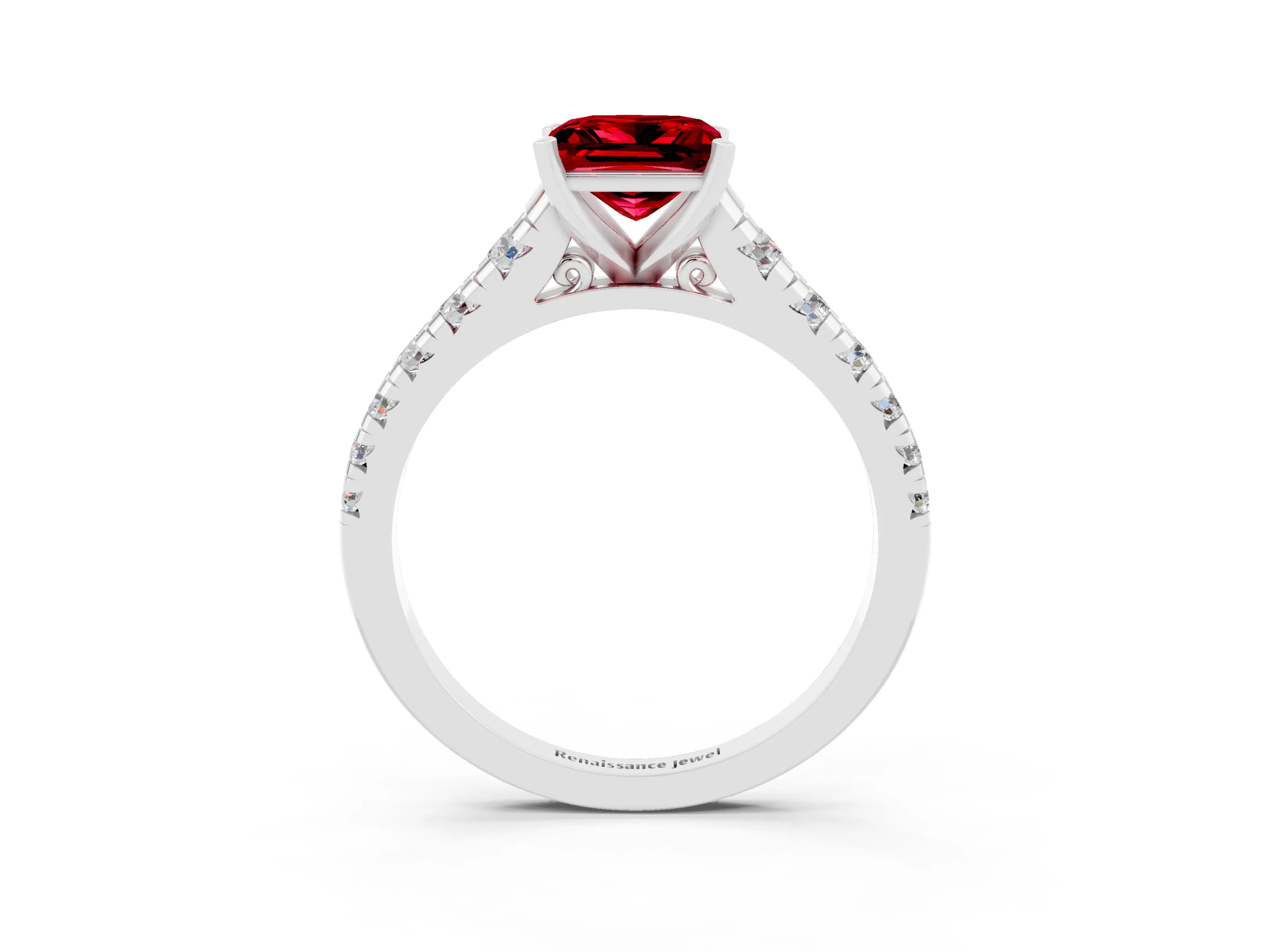 White gold Princess Cut Ruby Solitaire Ring with Cathedral Setting and Pavé Band_3