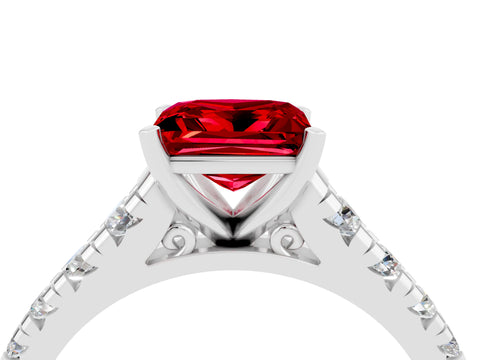 White gold Princess Cut Ruby Solitaire Ring with Cathedral Setting and Pavé Band_4
